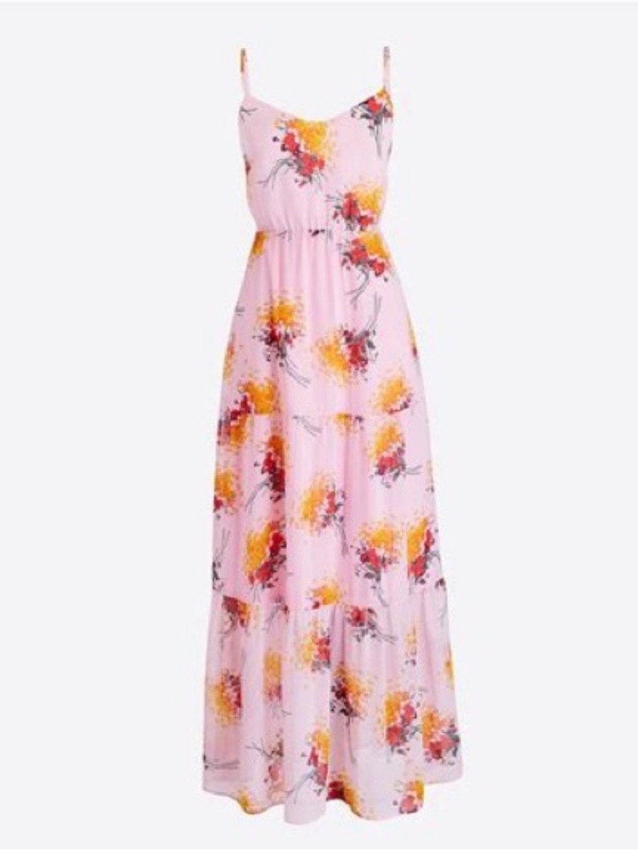 J Crew Floral Pink Spaghetti Strap Tiered Maxi Dress